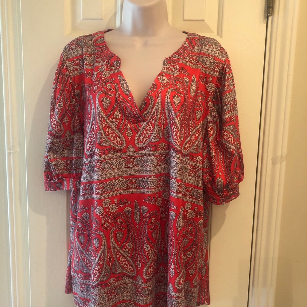 Locryz Top size XL Red & Beige Floral Paisley Comfort Stretch Tunic Short Sleeve